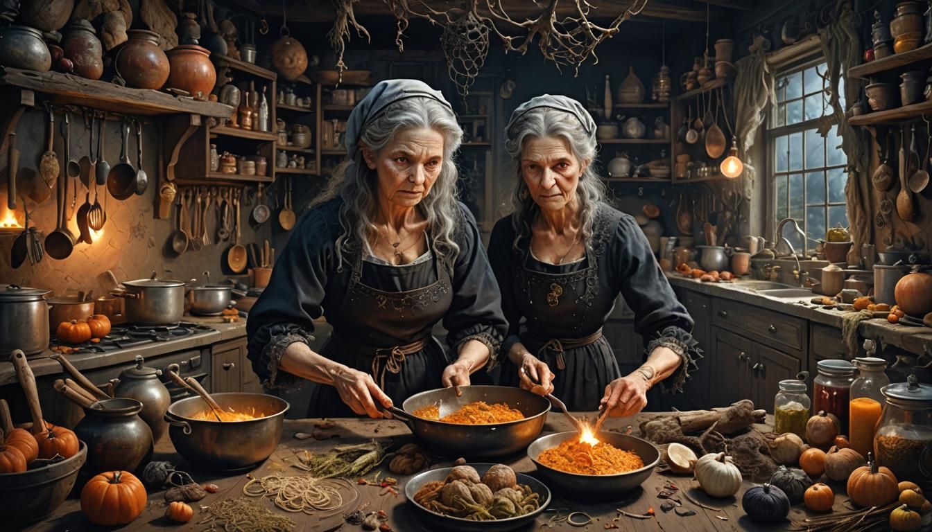 Photorealistic Witch Cooking in Scruffy Kitchen