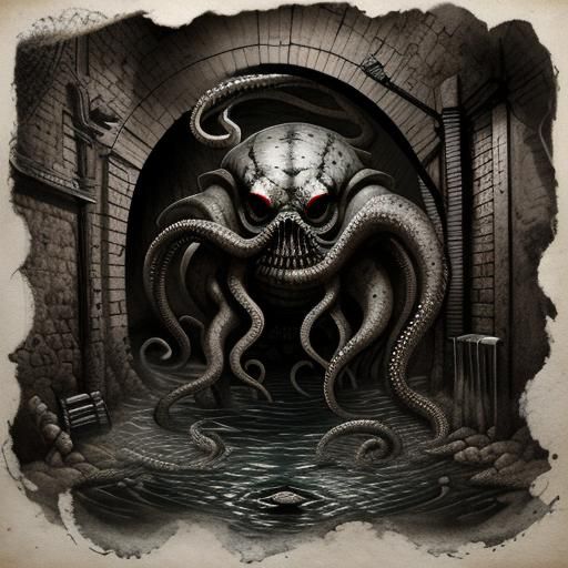 Terrifying Tentacled Monster in Rome Sewer, Ink Artwork