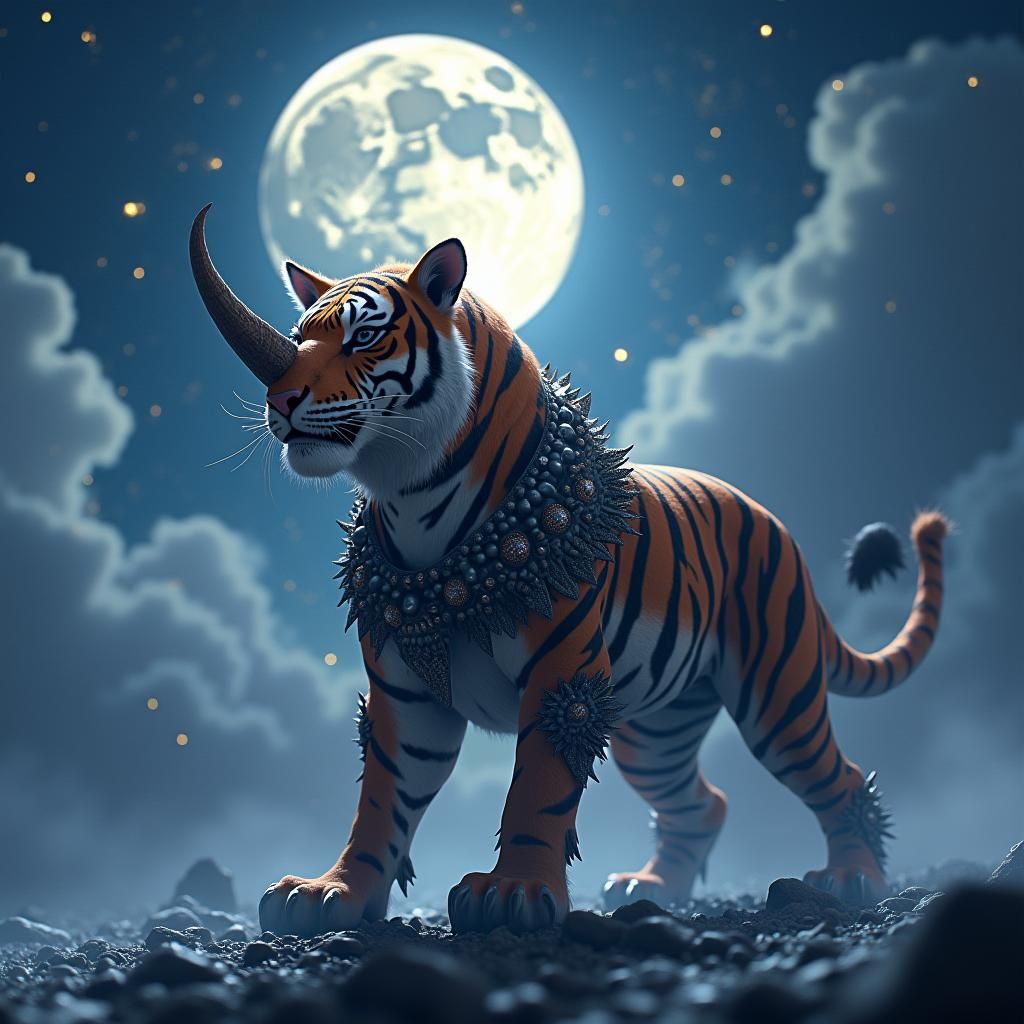 Armored Tiger-Rhino Hybrid Under Moonlight, Digital Art
