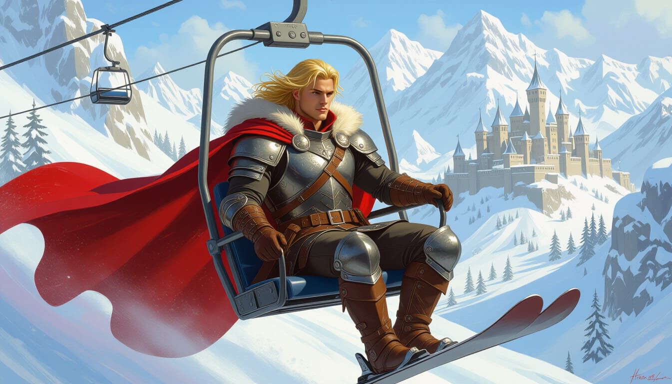 Medieval Fantasy Ski Lift Rider in Art Style