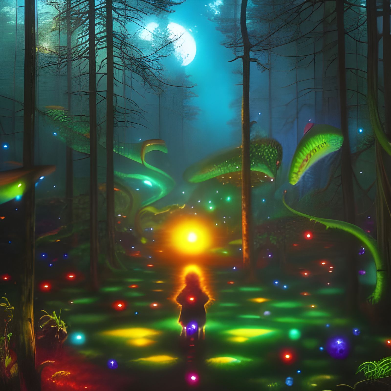 Bioluminescent Fairy in Firefly Forest: Psychedelic Art