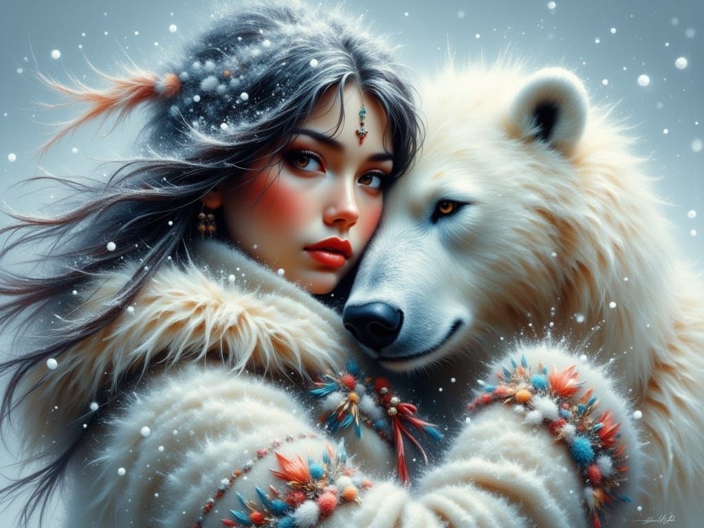 Inuit Maiden and Polar Bear Embracing in a Snowy Wilderness