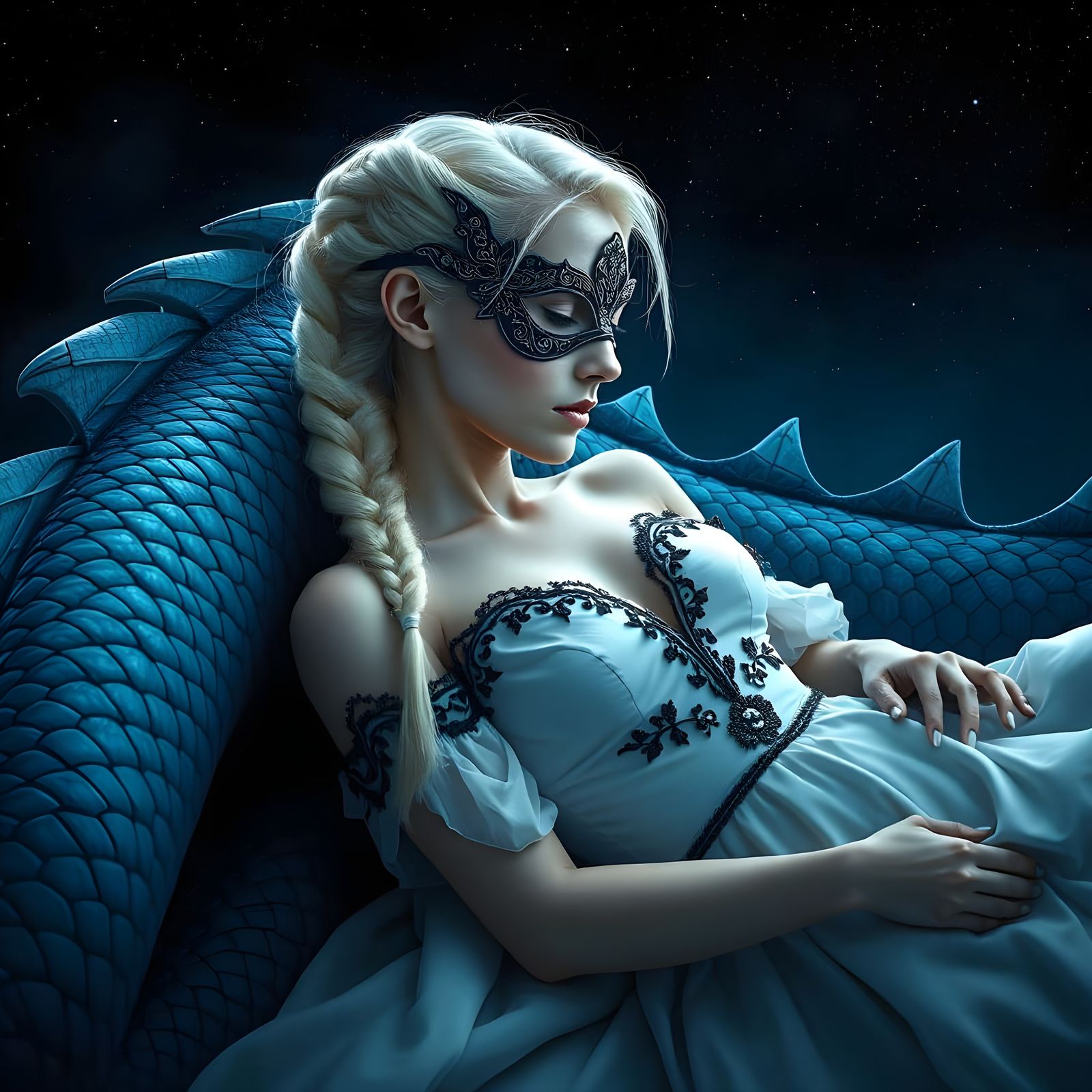 Sleeping Beauty with Dragon in Eerie Futuristic Style