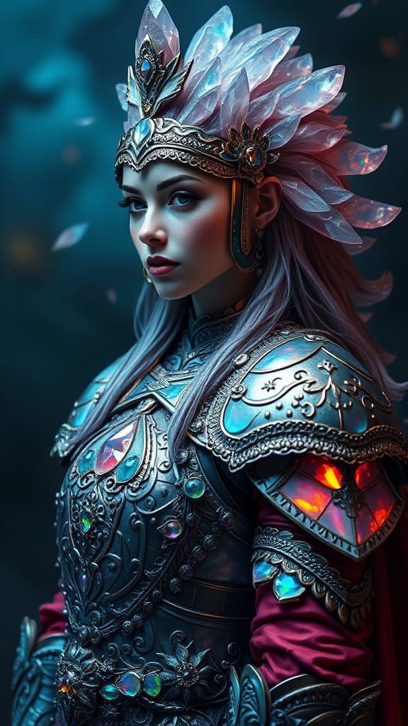 Crystalline Opal Armor: Iridescent Warrior in Hyperrealism
