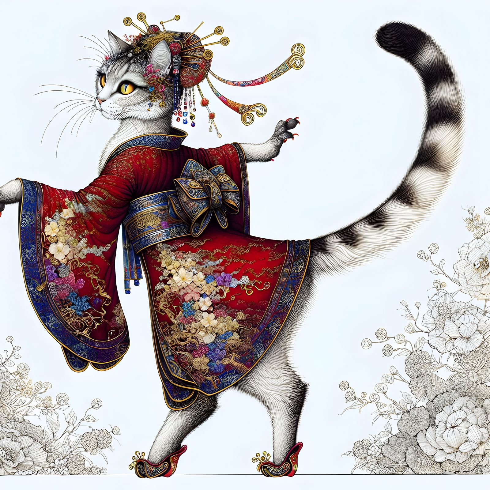 Elegant Dancing Cat in Ancient Kimono Attire