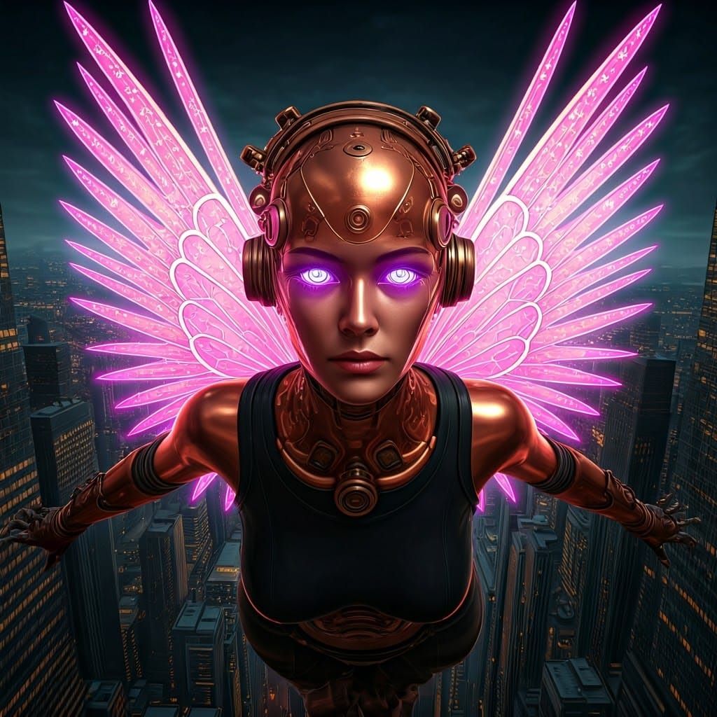 Cyberpunk Goddess Takes Flight in Retrofuturistic Metropolis