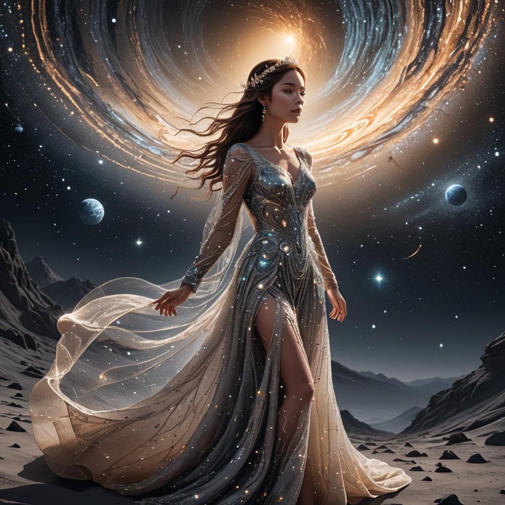 Celestial Girl on Moon in Dreamlike Landscape