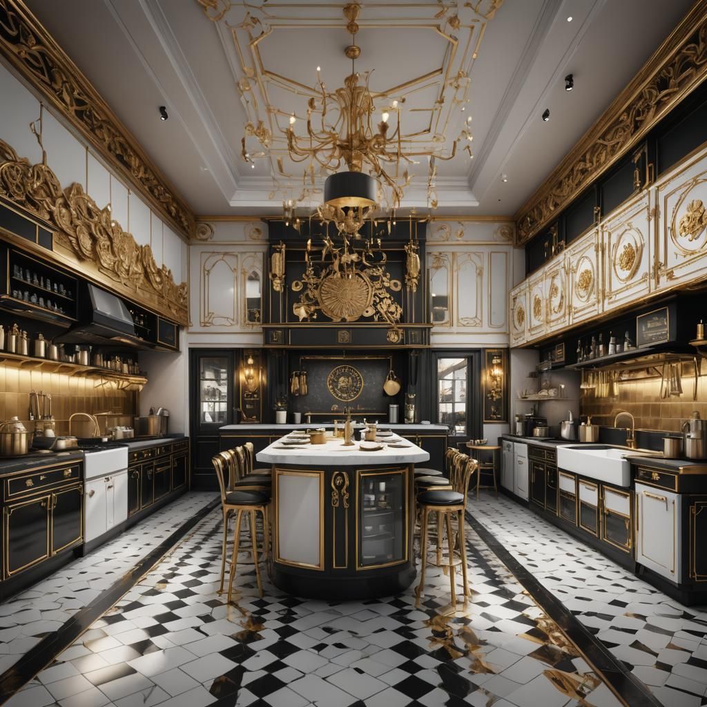 Restaurant Kitchen Interior in Black, White, and Gold
