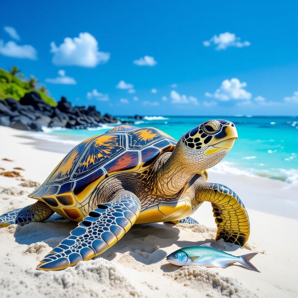 Galapagos Turtle Singing by the Sea in Surreal Style