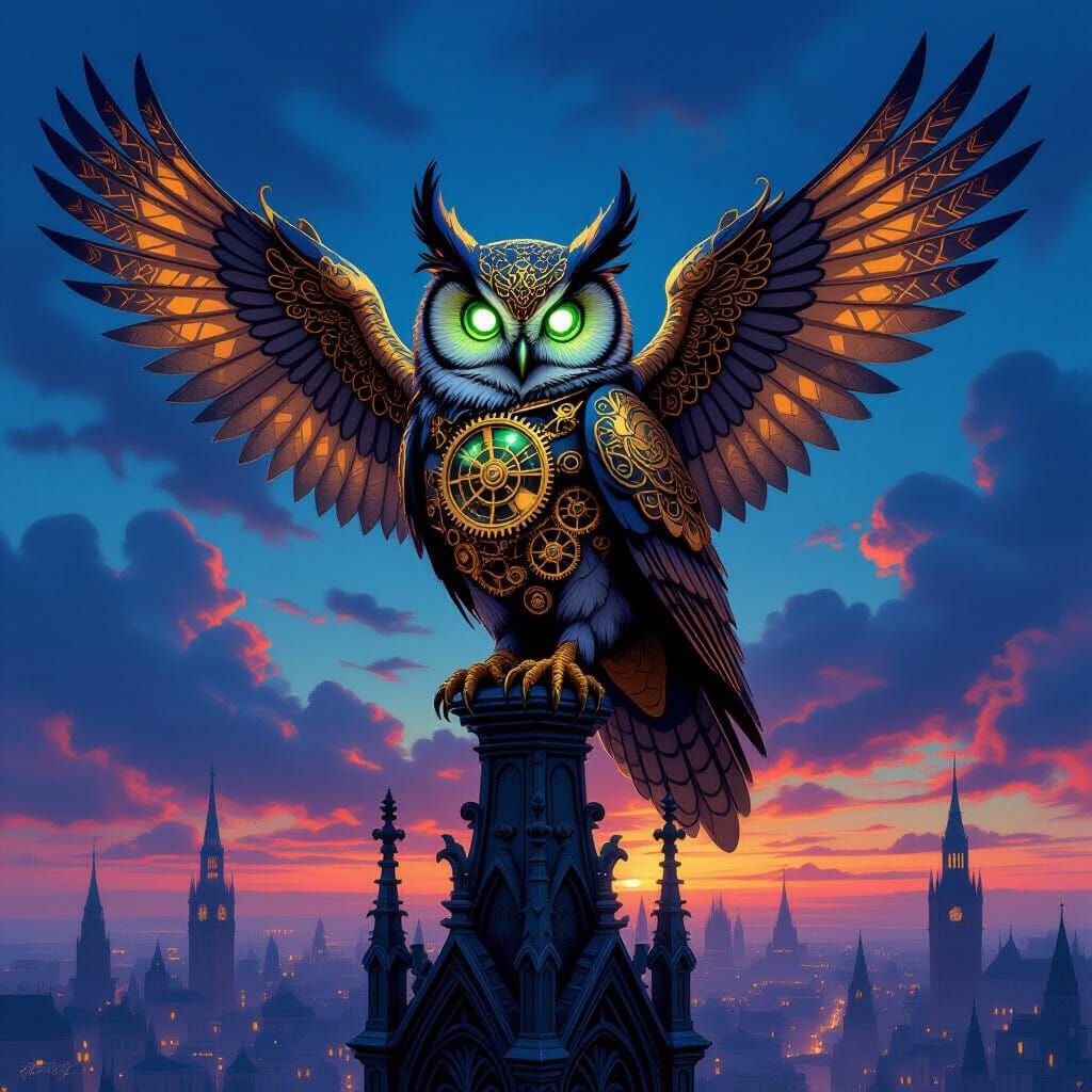 Clockwork Owl on Gothic Spire at Twilight