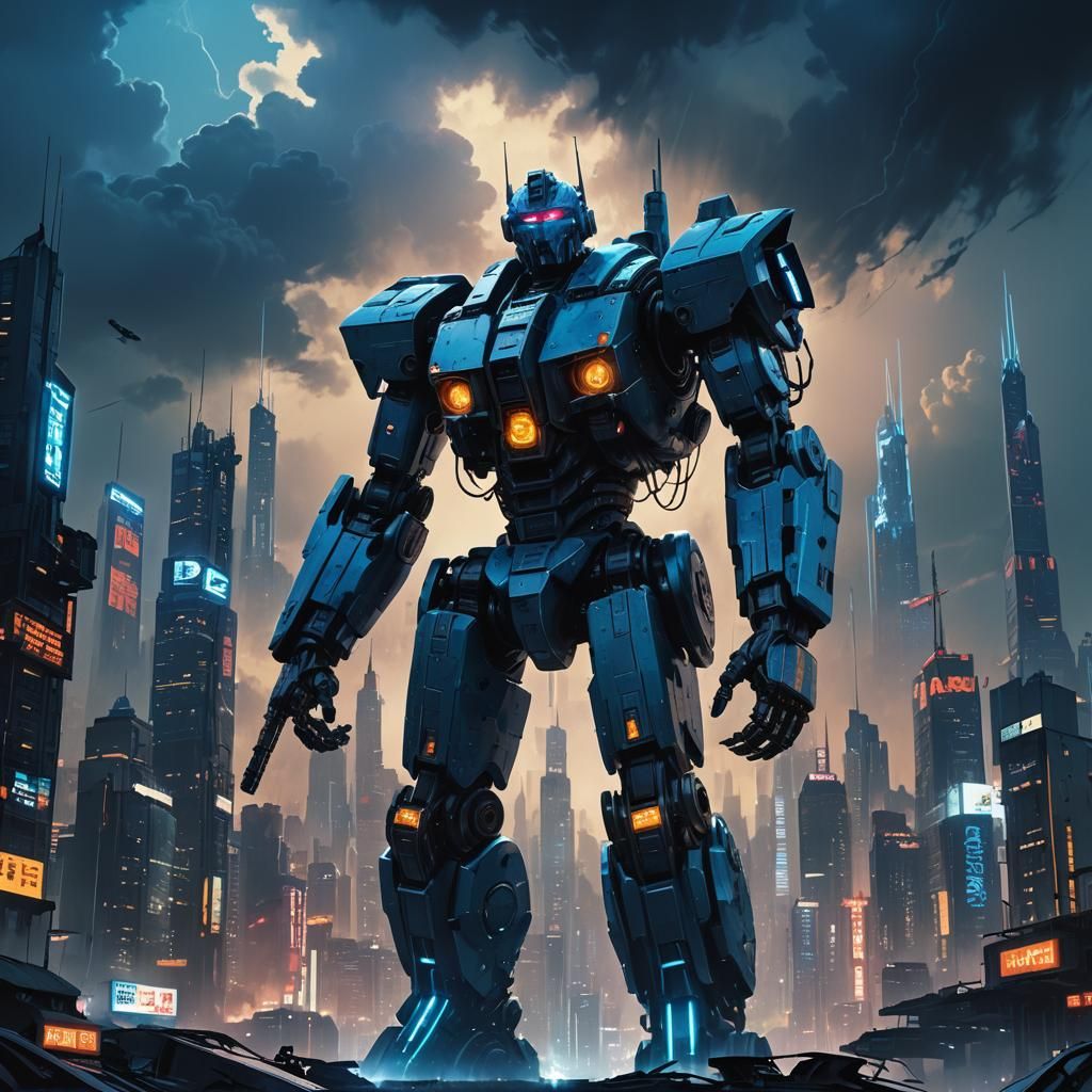 Giant Cyberpunk Robot Gleaming Over City Skyline