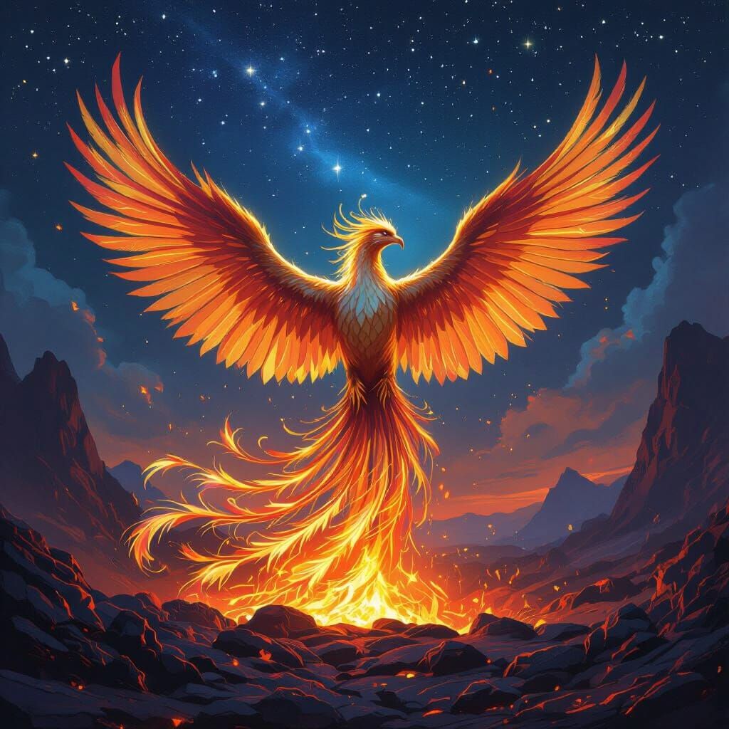 Majestic Phoenix Rises from Embers in Epic Fantasy Art