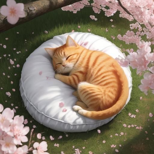 Chibi Tabby Cat Nap Under Cherry Blossom Tree