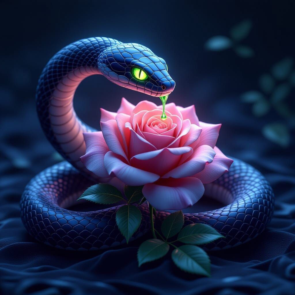 Emerald Serpent Envelops Wilting Rose in 3D Anime Art