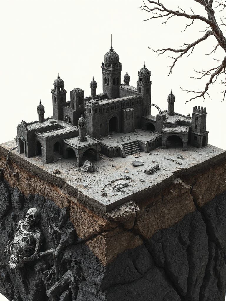 Grim Skeletal City Diorama in 3D Isometric Style