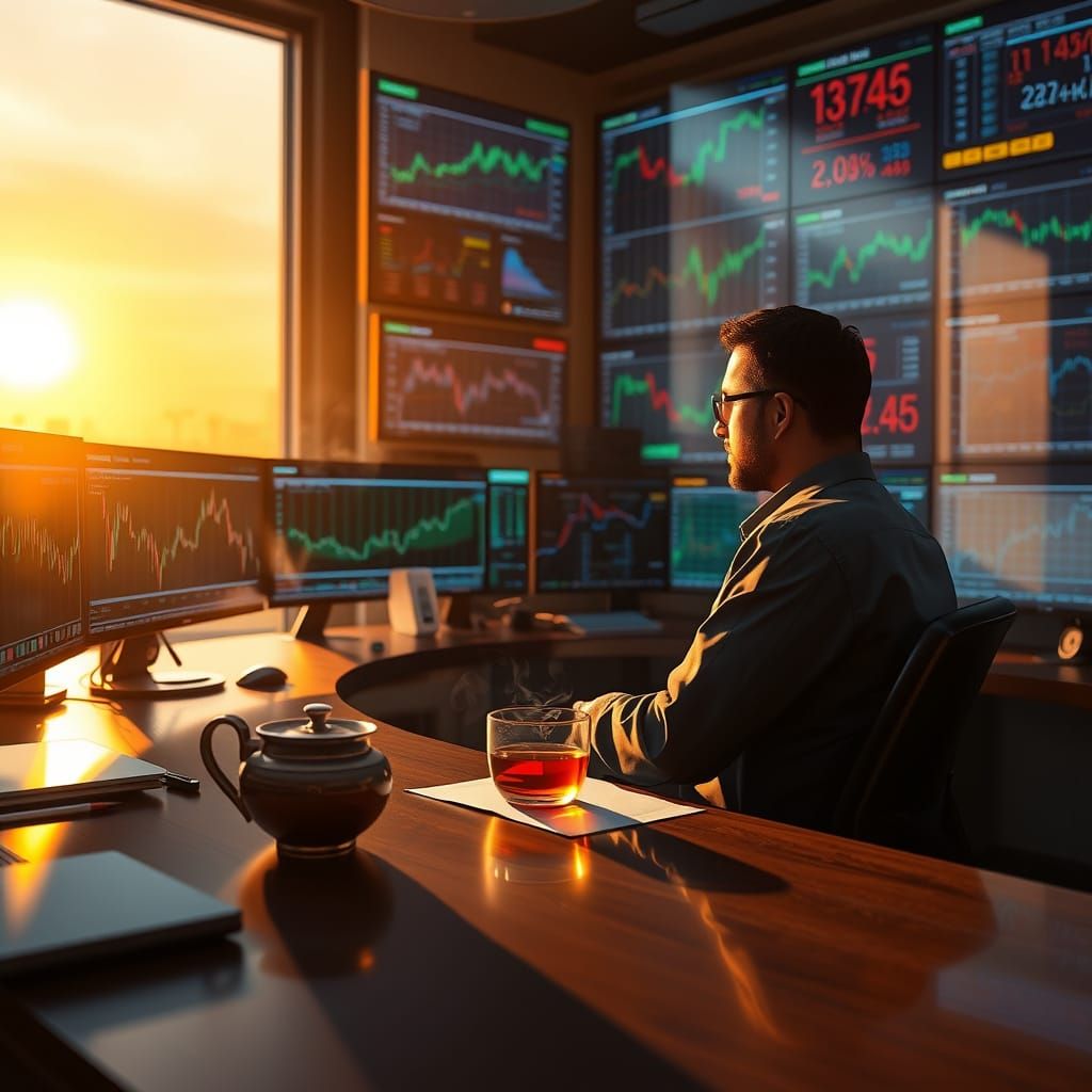 Tranquil Trader in Front of Multiple Screens, Surrounded by ...