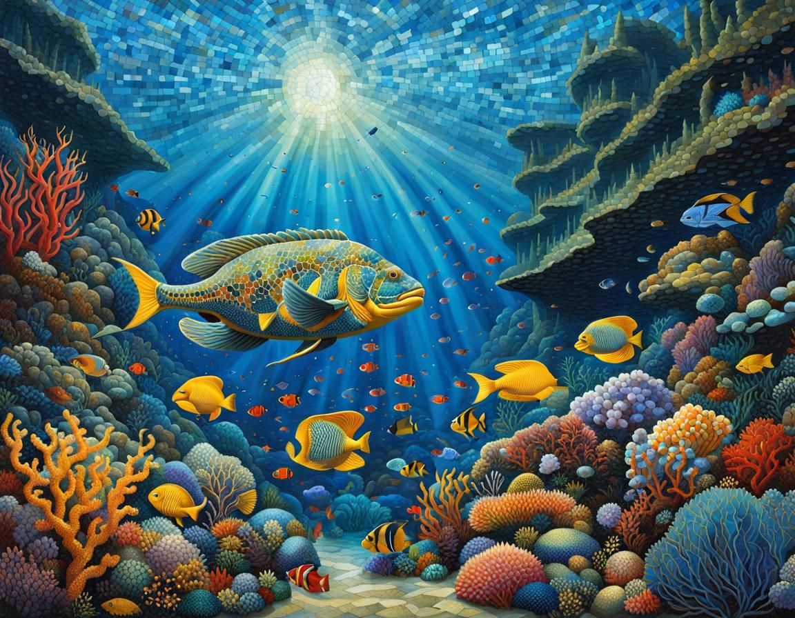 Underwater Marine Life in Stained Glass Mosaic