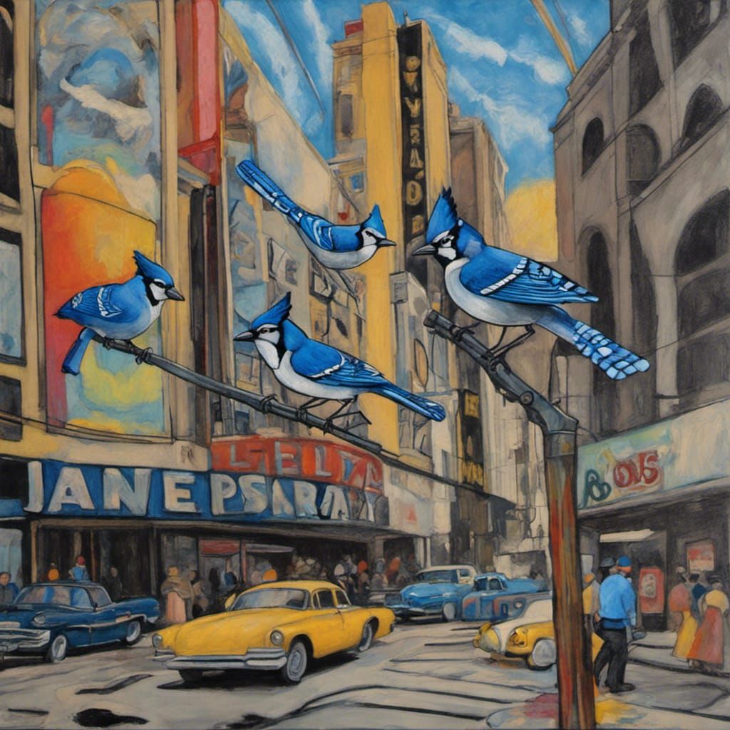 beautiful blue jays on Hollywood Boulevard at Vine cityscape...