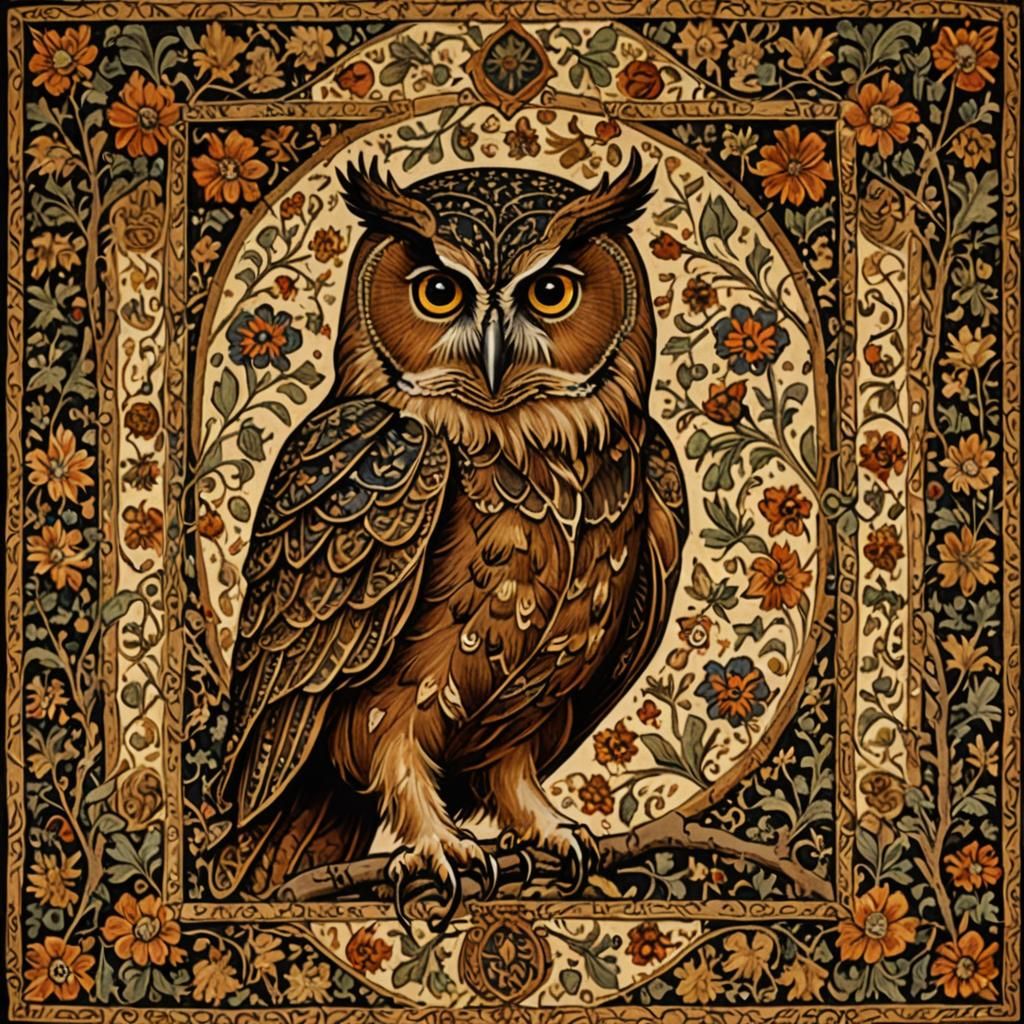 Medieval Tapestry of a Brown Great Owl