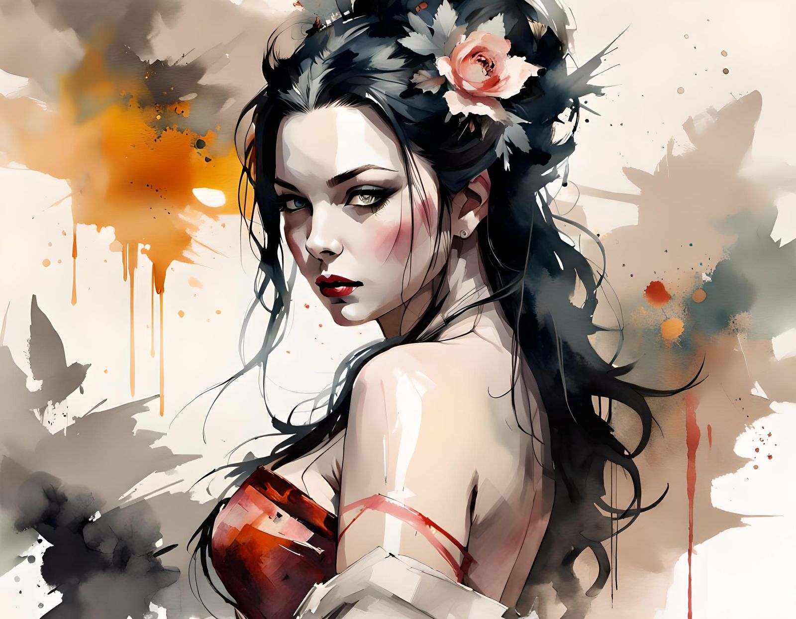 Beautiful Courtesan in Watercolor Style Digital Art