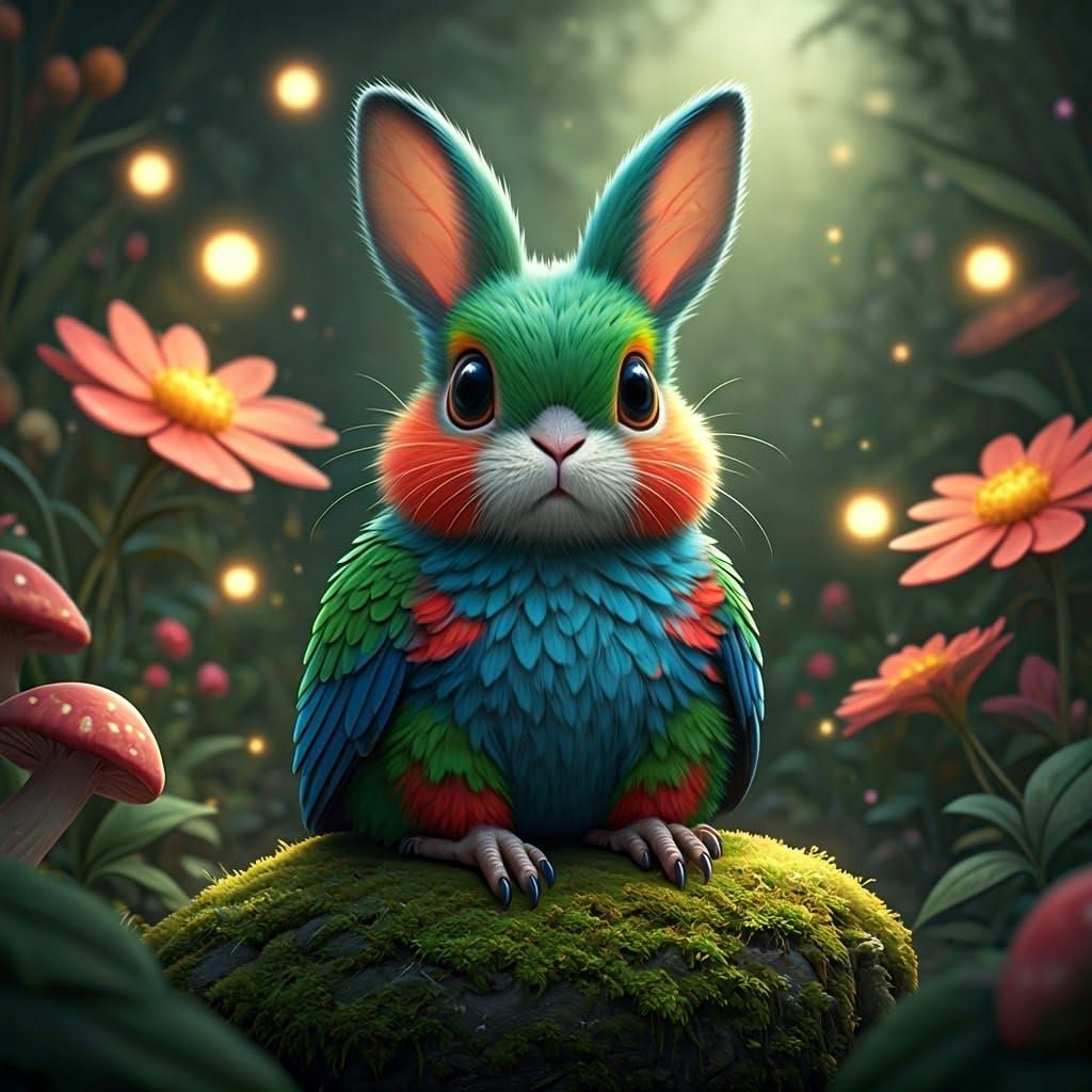 Whimsical Parrot-Rabbit Hybrid in Garden Scene