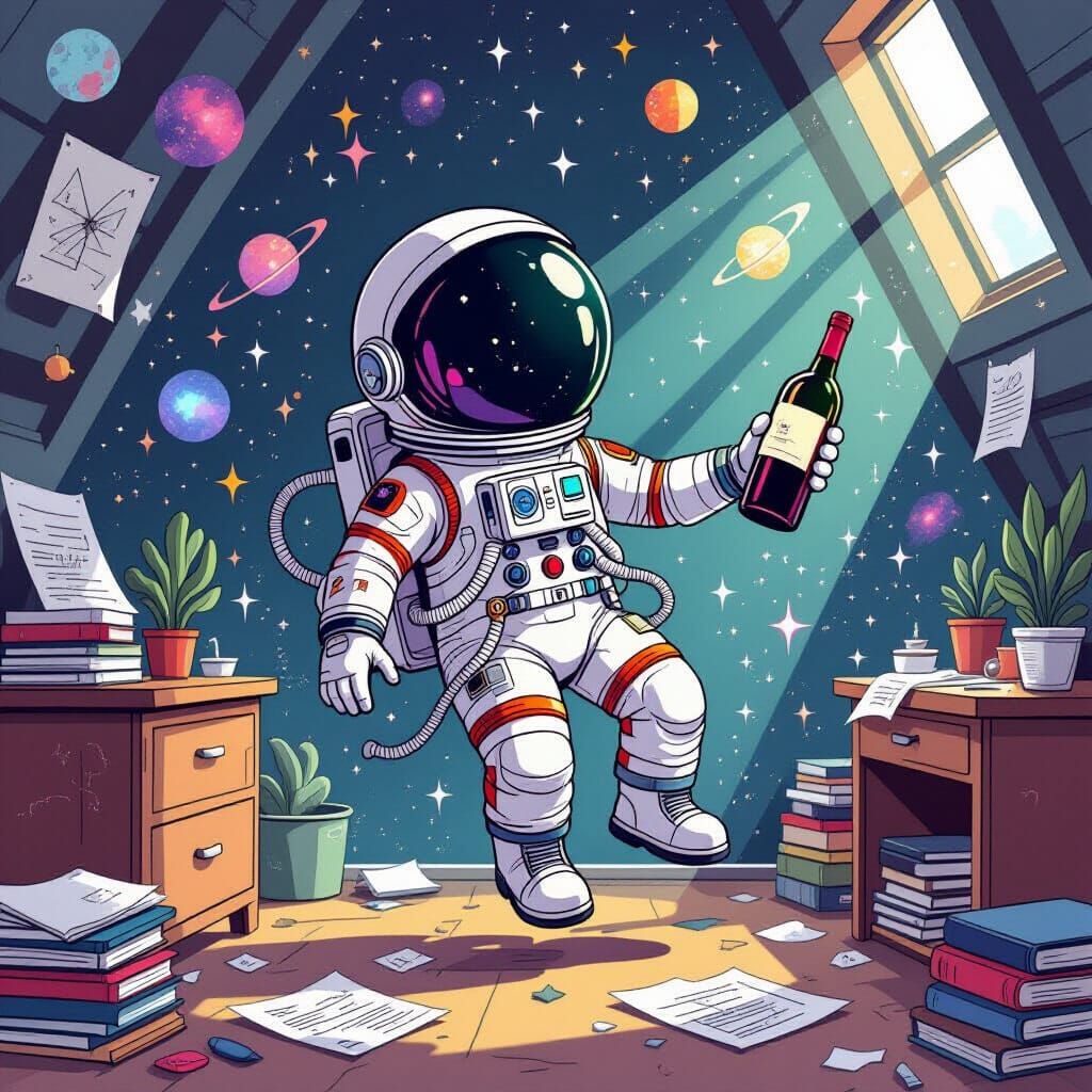 Whimsical Astronaut in Cosmic Study with Glowing Wine Bottle