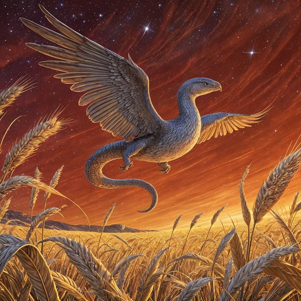 Winged Serpent Soaring Over Golden Field at Night