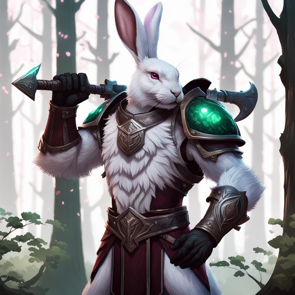 Rabbit Warrior in Forest, Hyperrealistic Concept Art
