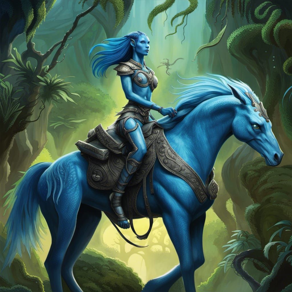 Na'vi Woman on Direhorse in Alien Landscape