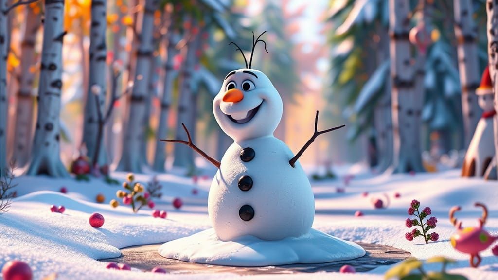 Friendly Snowman Melting in Colorful Forest: Pixar Art