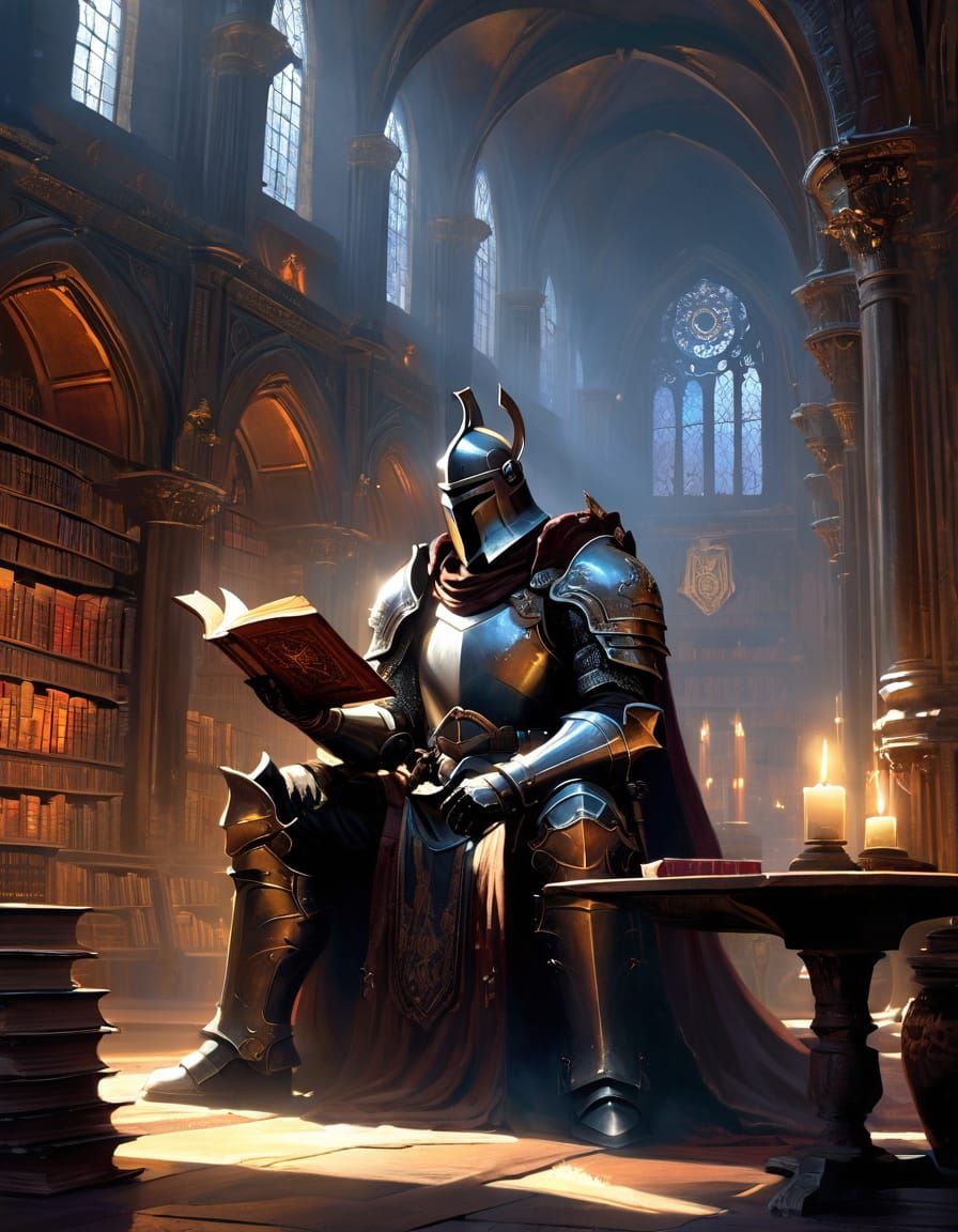 Knight Reading in a Dark Fantasy Library