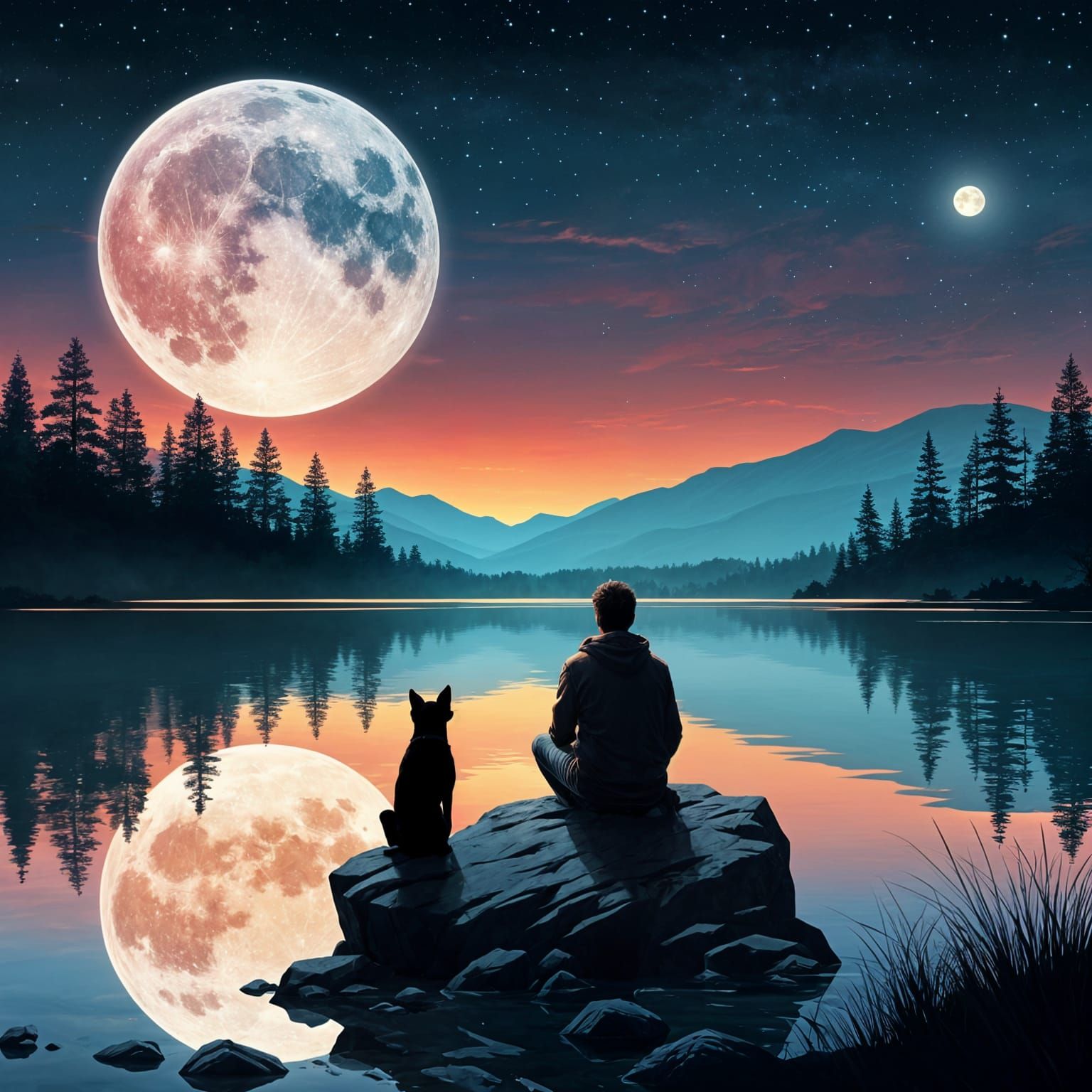Man and Dog Watch Moonrise: Digital Illustration