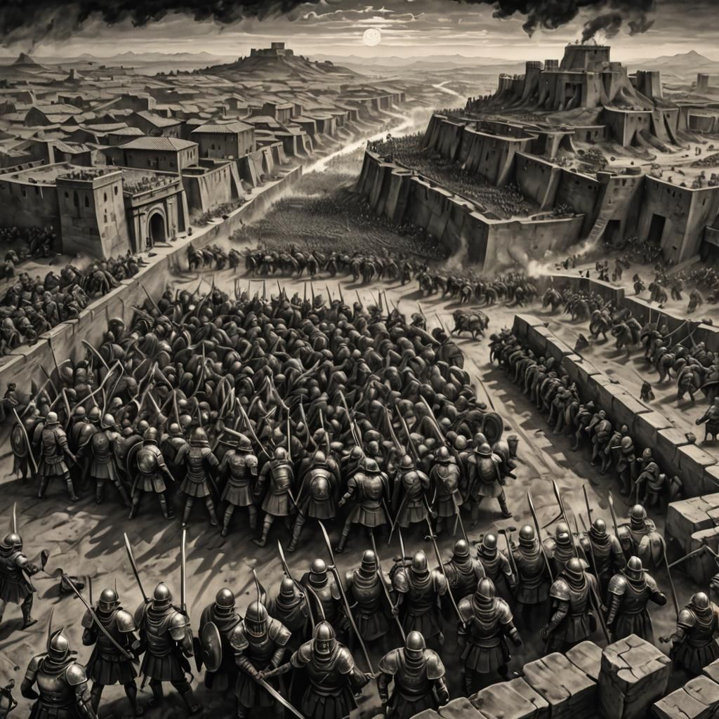 Epic Battle: Armored Warriors in Charcoal Sketch