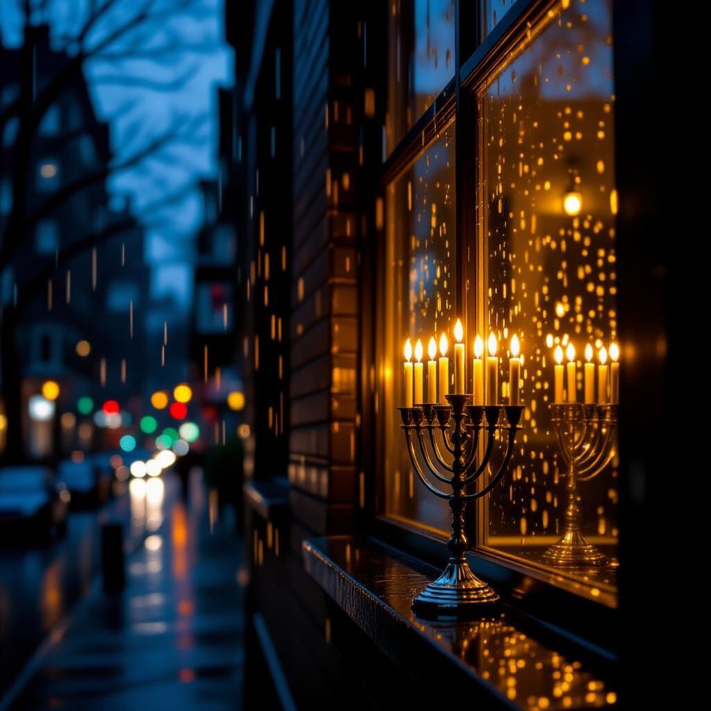 Rainy Night Hanukkah Menorah Glow