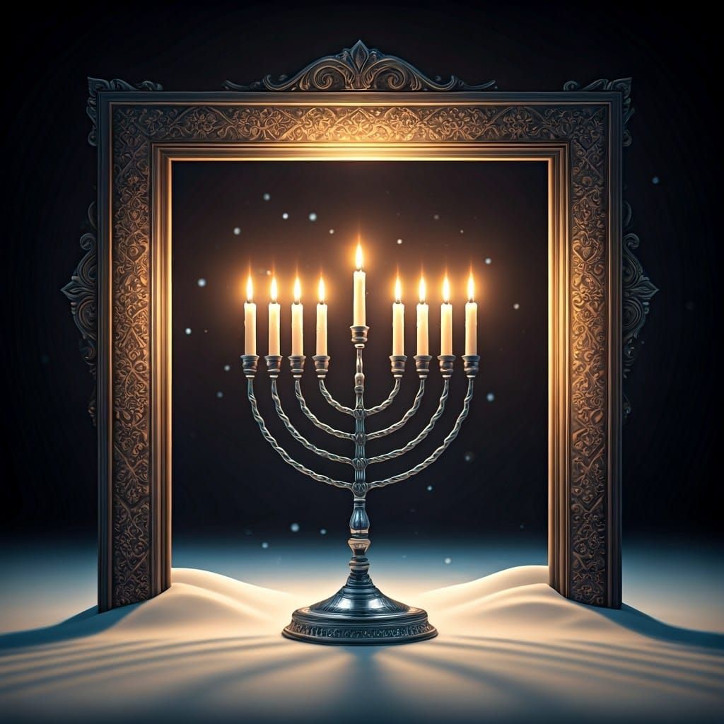 A frame background with a silver menorah below and the entire frame made of candlelight inside. The entire area is empty...