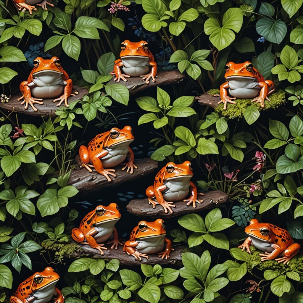 Redhead Frogs Party at Midnight: Hyperrealistic Scene