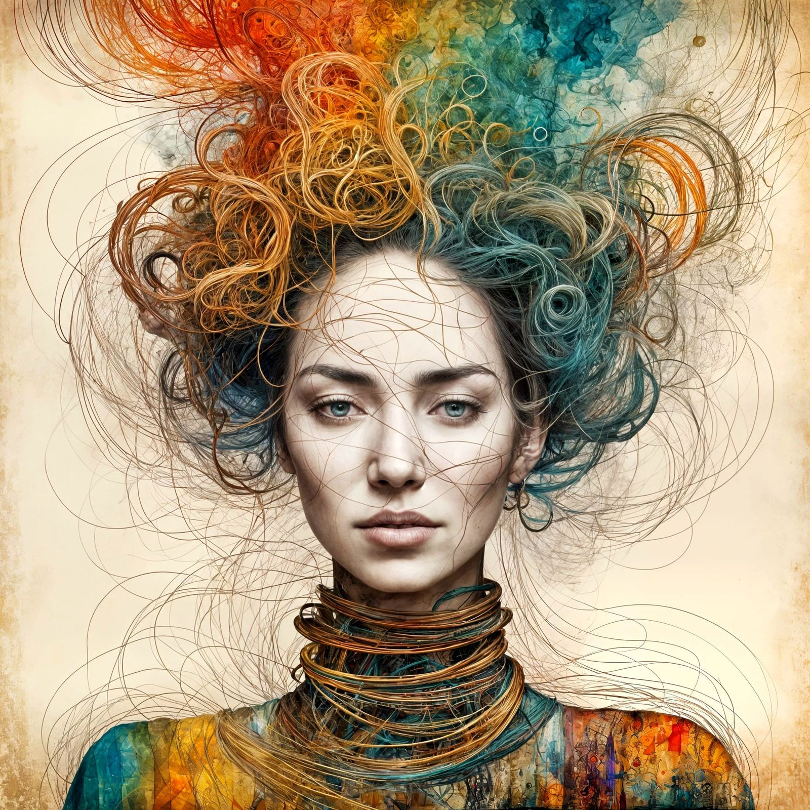 Whimsical Abstract Portrait of a Rubberband Girl in Vivid Co...