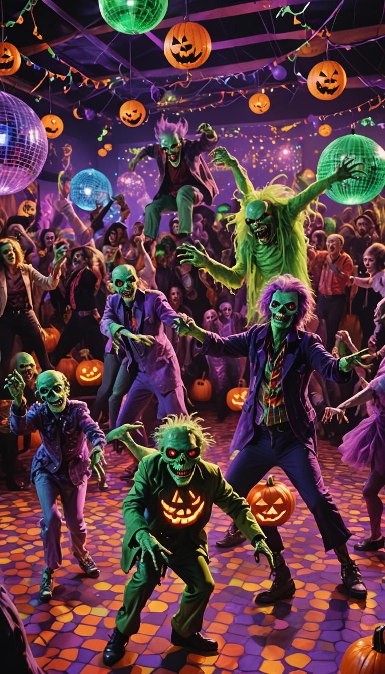 A surreal Hyperrealistic Dynamic scene of a 1980s monster mash, with Halloween decorations, zombies, music, dancing disc...