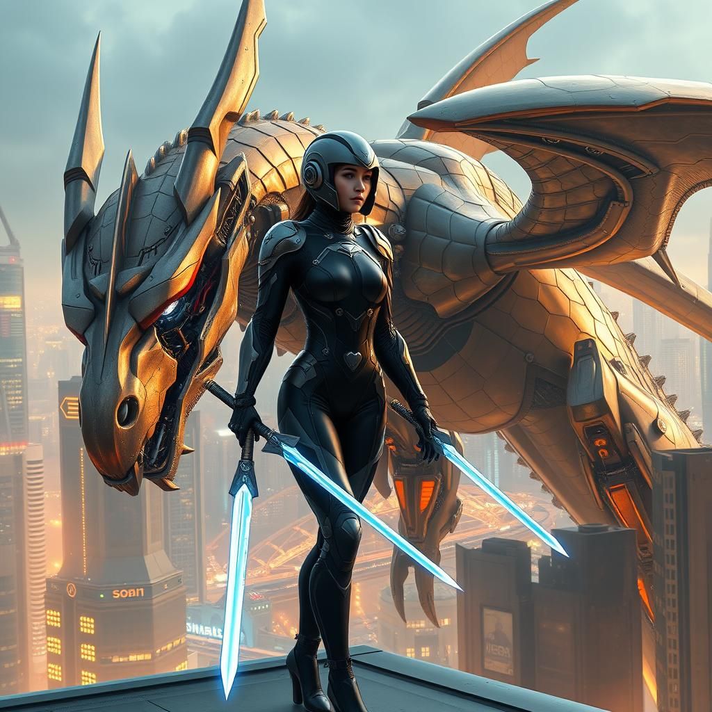 Cyberpunk Warrior with Dragon in Futuristic Cityscape