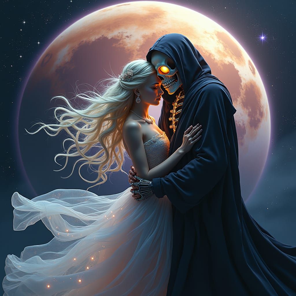 Ethereal Earth Goddess Embraces Grim Reaper