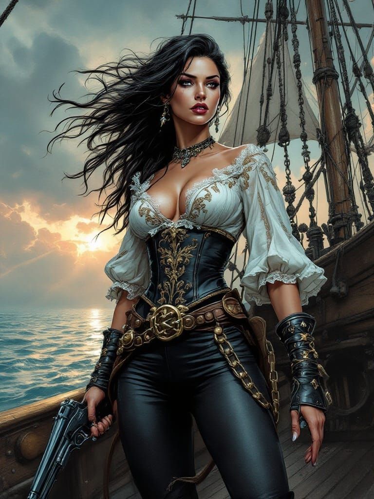 Elegant Pirate Woman Commands the Stormy Seas in Comic Book ...