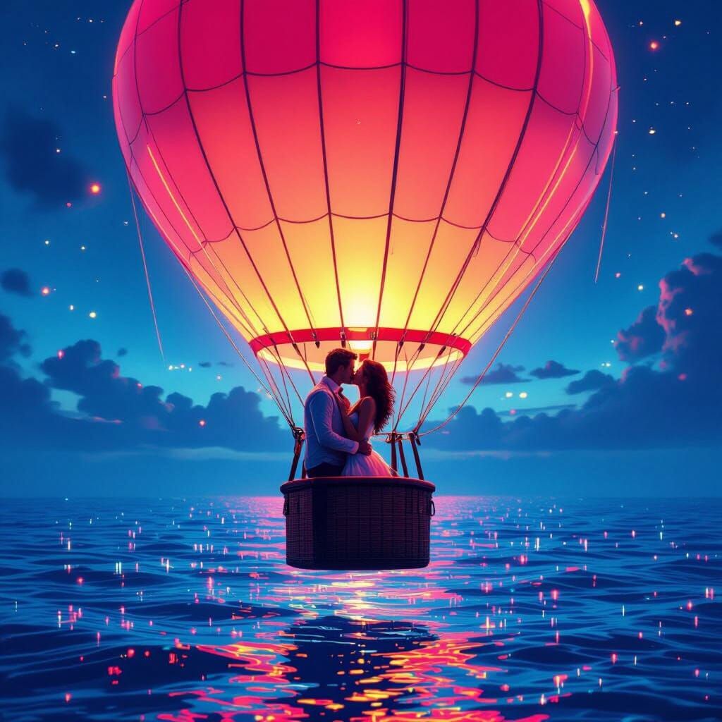 Couple in Neon Hot Air Balloon Over Synthwave Ocean