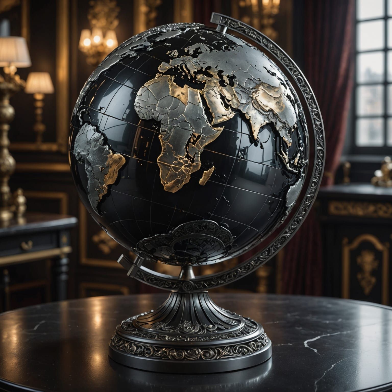 Hematite Globe Sculpture with Ornate Metallic Stand