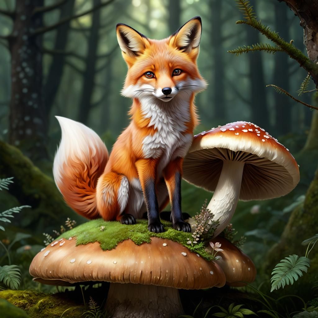 Cute Fox on Mushroom, Detailed Concept Art