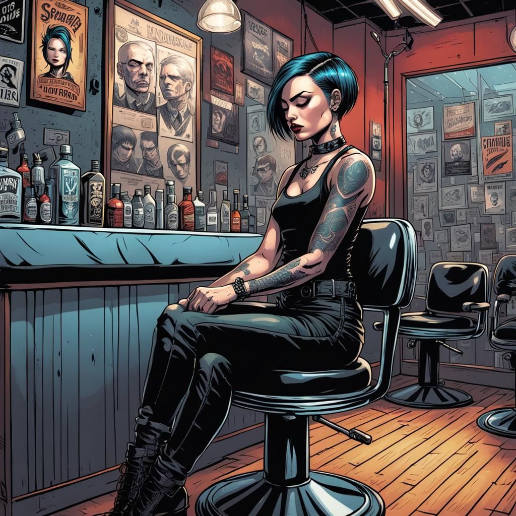 Punk Gothic Girl in Barbershop, Comic Book Art