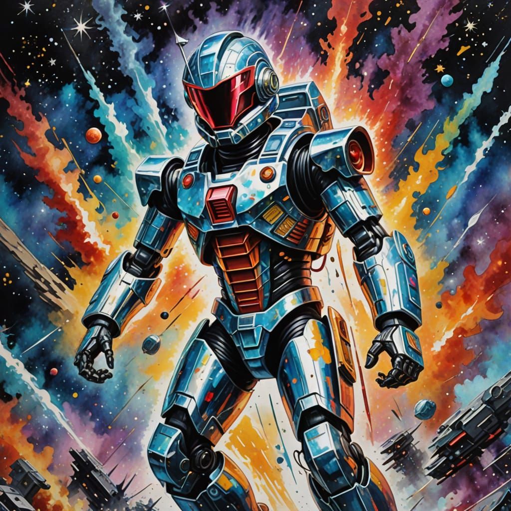 Retro Android Hero in Space, Gouache and Watercolor Style