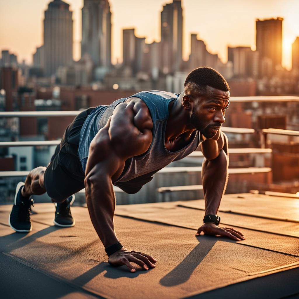Muscular Man Sweating on Rooftop at Sunset
