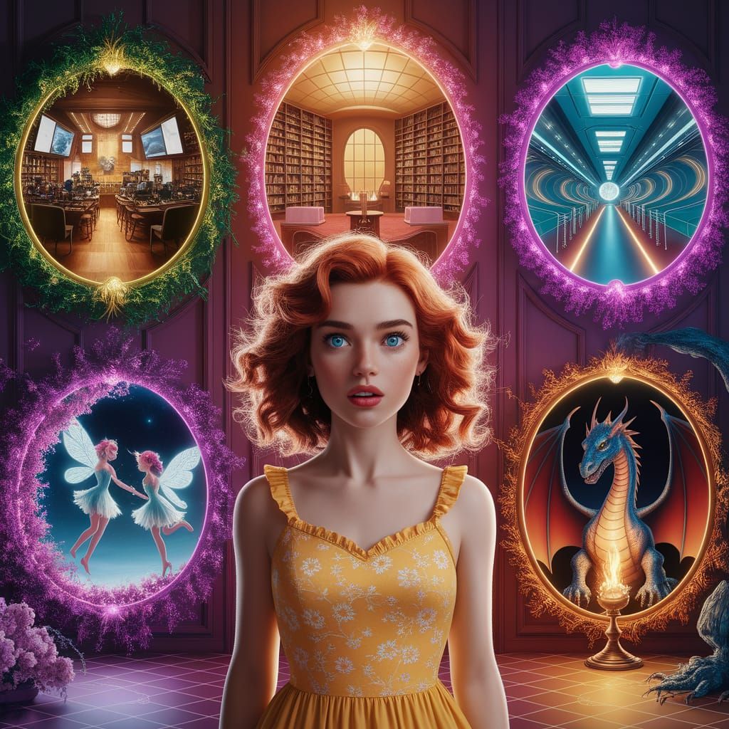 Woman and Shimmering Portals in Detailed Matte Painting