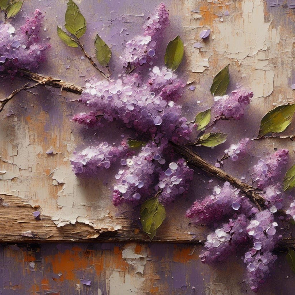 Cracked Oil Painting of Lilac Branch in Expressionist Style