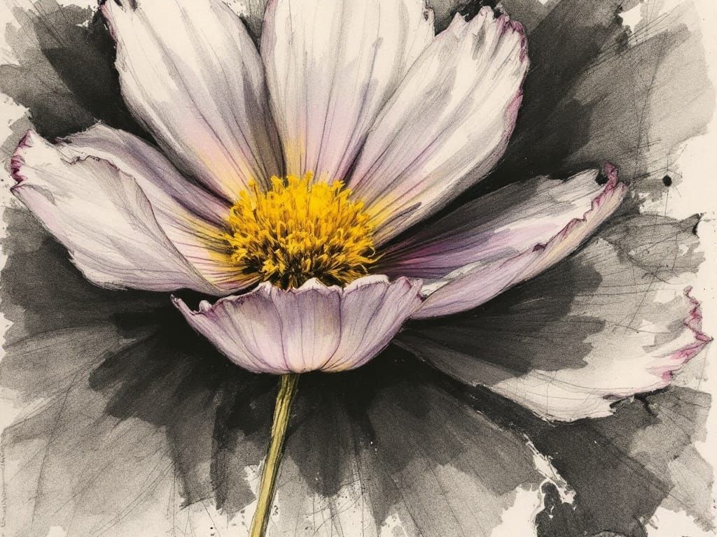 Ethereal Cosmos Bloom in Charcoal Sketch Style